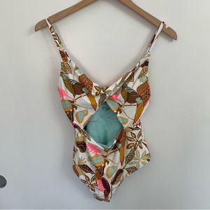 aerie One-Piece Swimsuit in White, Brown, Aqua & Pink Floral Print